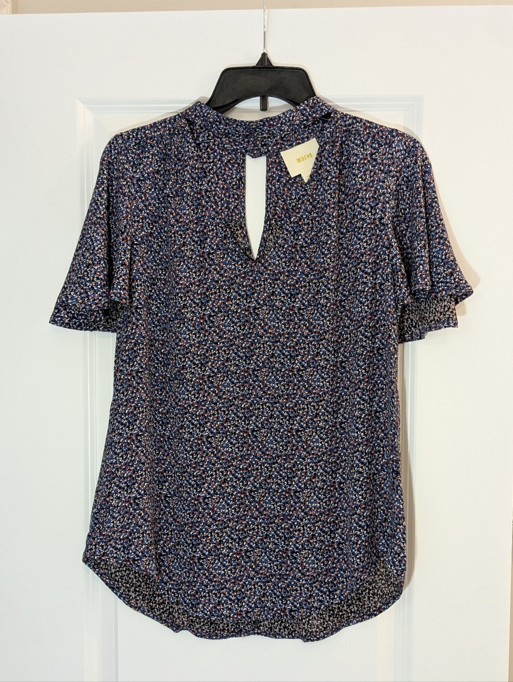 Anthropologie Maeve Bella Top, Blue Floral, Size XS Flutter Sleeve Choker